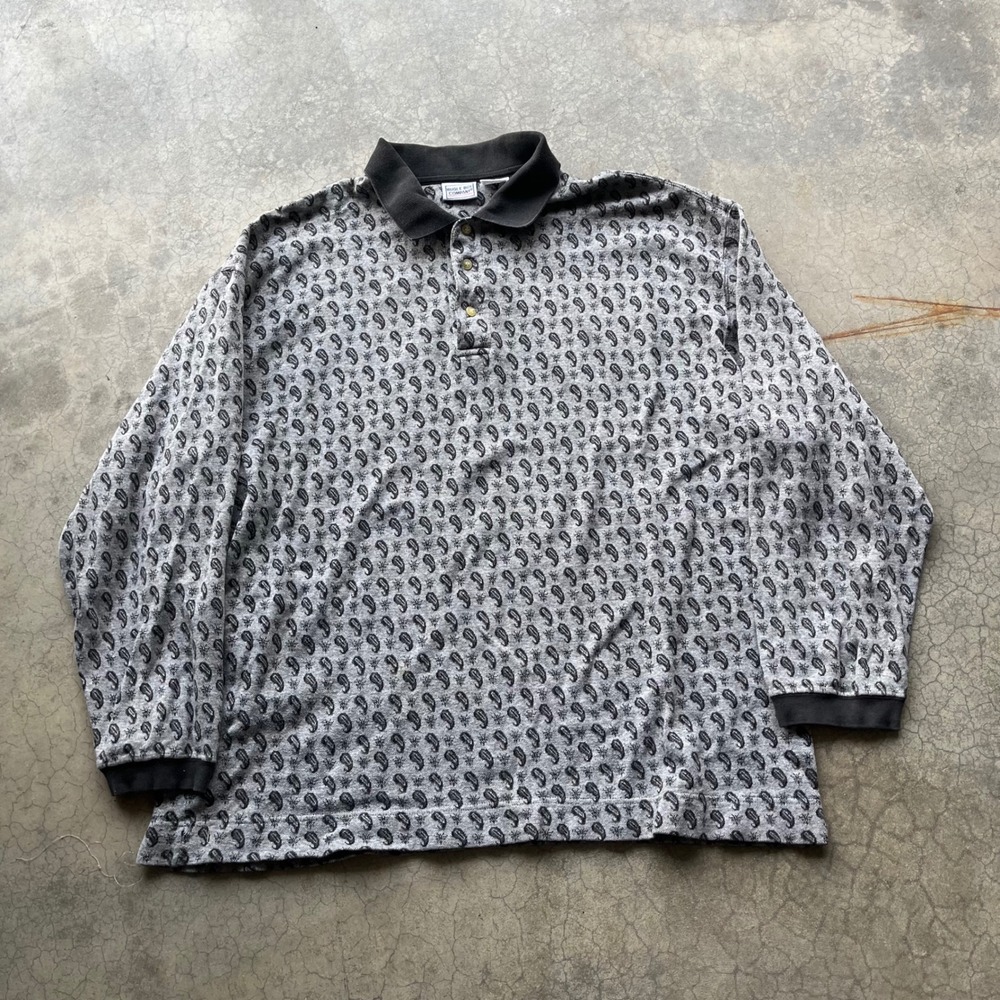 Bugle Boy Company Mens XL LongSleeve Paisley Polo Shirt Gray Black Vintage Style